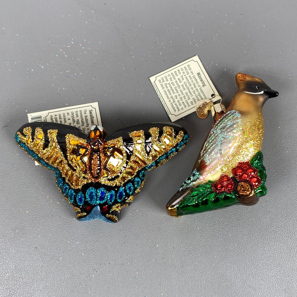 2 Old World Christmas Glass Ornaments Swallowtail Butterfly & Waxwing Bird
